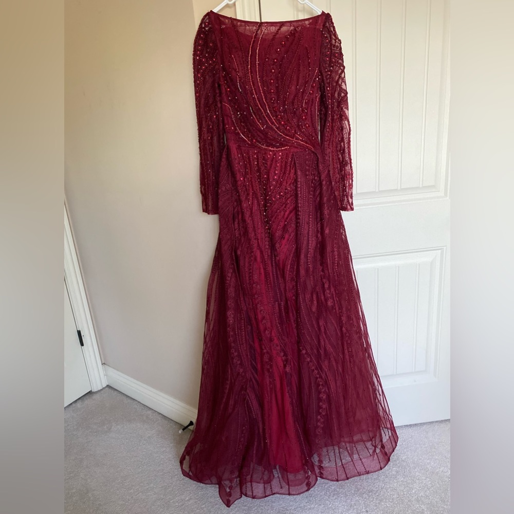 Beaded Maroon gown with over skirt